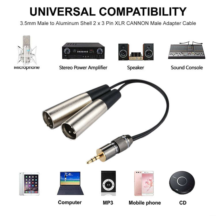 Metal Head 3.5mm Male to Aluminum Shell 2 x 3 Pin XLR CANNON Male Audio Connector Adapter Cable, ...