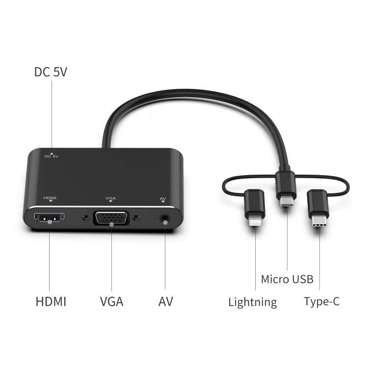 7585B 3 in 1 Micro USB / 8 Pin / Type-C to VGA / HDTV / AV Adapter Mobile HD Screen Player (Black)