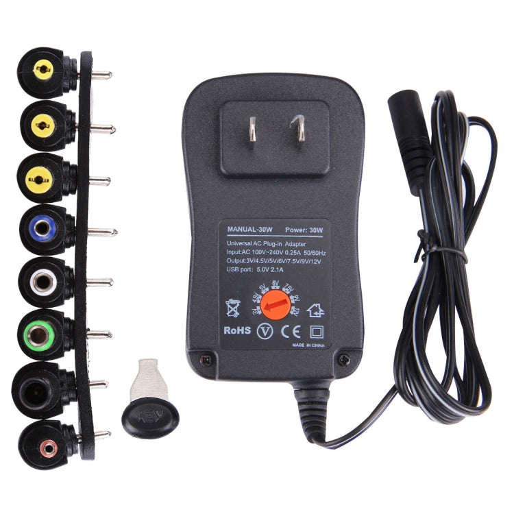 US Plug Universal 30W Power Wall Plug-in Adapter with 5V 2.1A USB Port, Tips: 6 PCS, Cable Length...