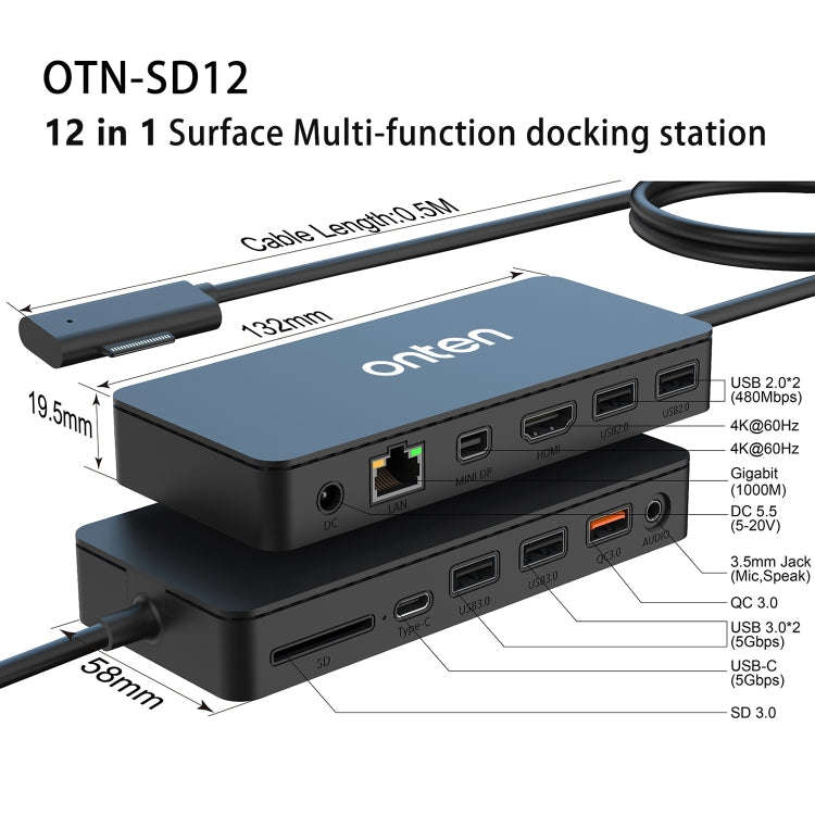 Onten SD12 For Microsoft Surface 12 in 1 Multi-function Docking Station
