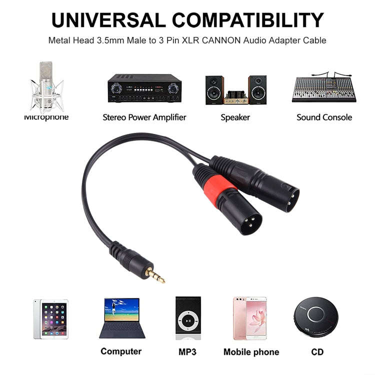 30cm Metal Head 3.5mm Male to 3 Pin XLR CANNON Male Audio Connector Adapter Cable