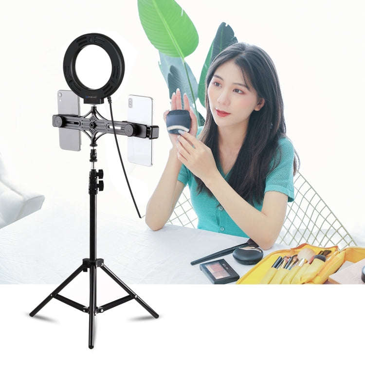 PULUZ 1.1m Tripod Mount + Live Broadcast Dual Phone Bracket + 6.2 inch 16cm LED Ring Vlogging Vid...