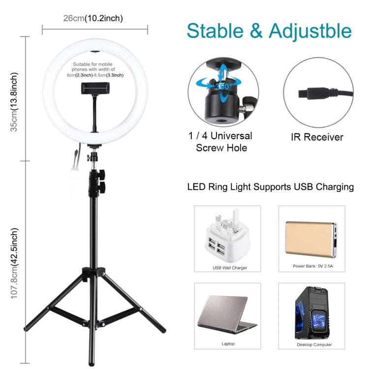PULUZ 1.1m Tripod Mount + 10.2 inch 26cm RGBW LED Ring Vlogging Video Light  Live Broadcast Kits ...