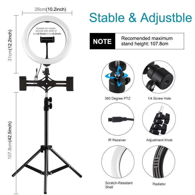PULUZ 10.2 inch 26cm Curved Surface RGBW LED Ring Light + 1.1m Tripod Mount + Dual Phone Brackets...