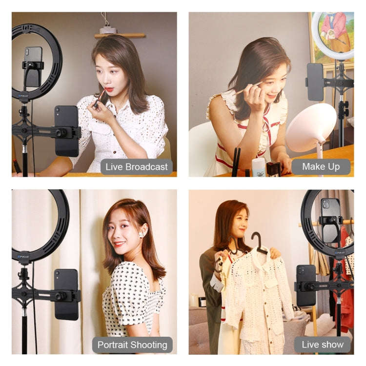 PULUZ Dual Phone Brackets Horizontal Holder + 1.1m Tripod Mount + 10.2 inch 26cm LED Ring Vloggin...