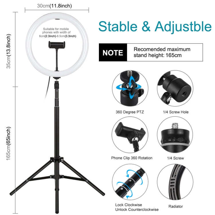 PULUZ 11.8 inch 30cm Light + 1.65m Tripod Mount Curved Surface USB 3 Modes Dimmable Dual Color Te...