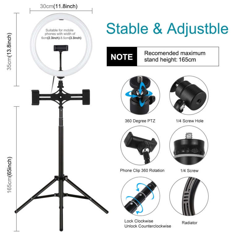 PULUZ 11.8 inch 30cm Light + 1.65m Tripod + Dual Phone Bracket Curved Surface USB 3 Modes Dimmabl...