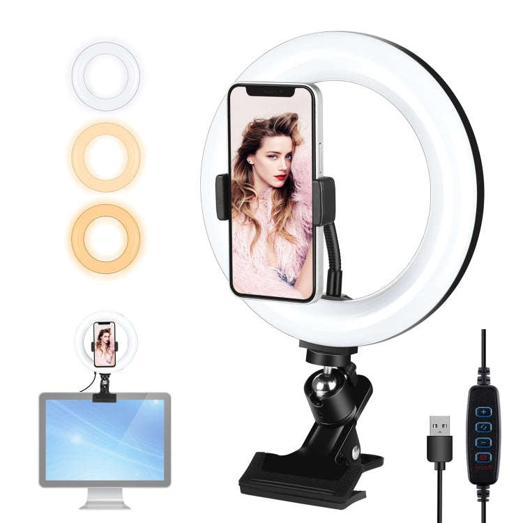 PULUZ 7.9 inch 20cm Ring Selfie Light + Monitor Clip 3 Modes USB Dimmable Dual Color Temperature ...