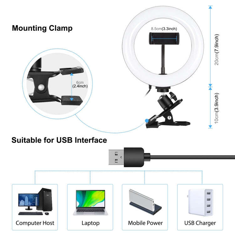 PULUZ 7.9 inch 20cm Ring Selfie Light + Monitor Clip 3 Modes USB Dimmable Dual Color Temperature ...