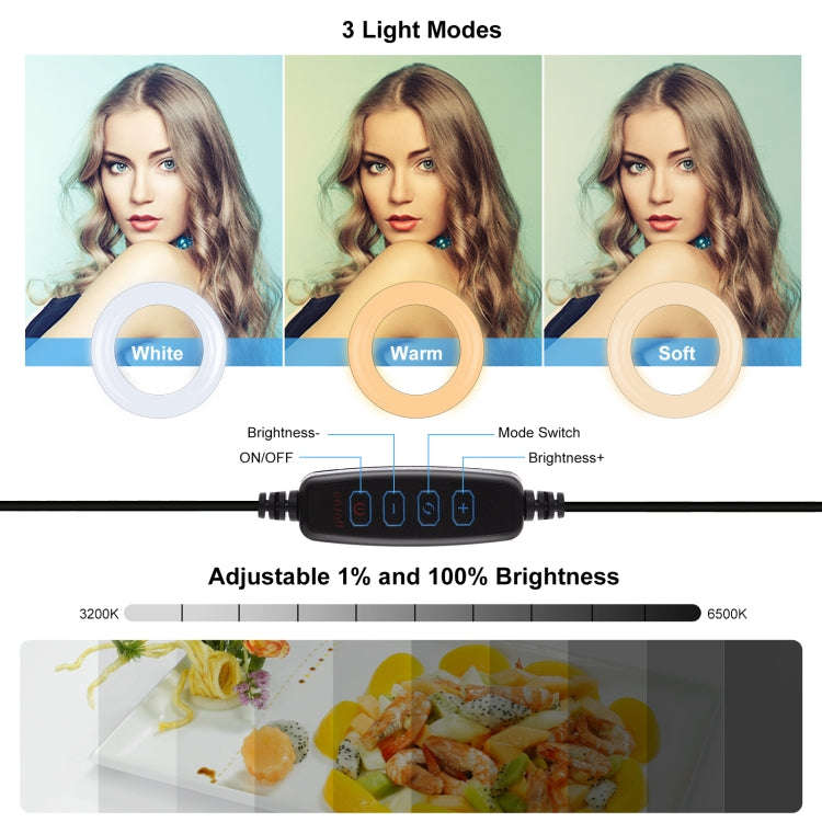 PULUZ 7.9 inch 20cm Ring Selfie Light + Monitor Clip 3 Modes USB Dimmable Dual Color Temperature ...
