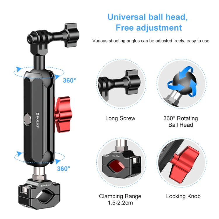 PULUZ Motorcycle Rearview Medium Clamp CNC Metal Magic Arm Rod Mount