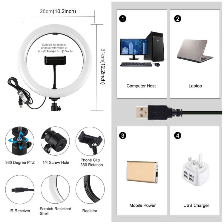 PULUZ 10.2 inch 26cm Curved Surface USB RGBW Dimmable LED Ring Vlogging Photography Video Lights ...