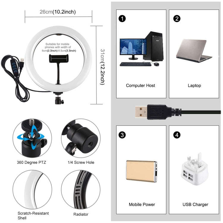 PULUZ 10.2 inch 26cm USB 3 Modes Dimmable Dual Color Temperature LED Curved Diffuse Light Ring Vl...