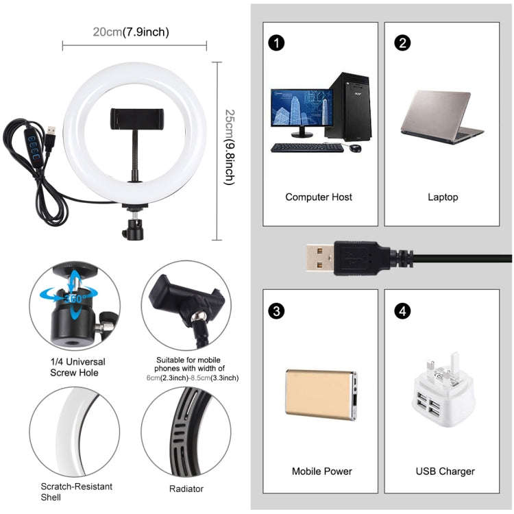 PULUZ 7.9 inch 20cm USB 3 Modes Dimmable Dual Color Temperature LED Curved Light Ring Vlogging Se...