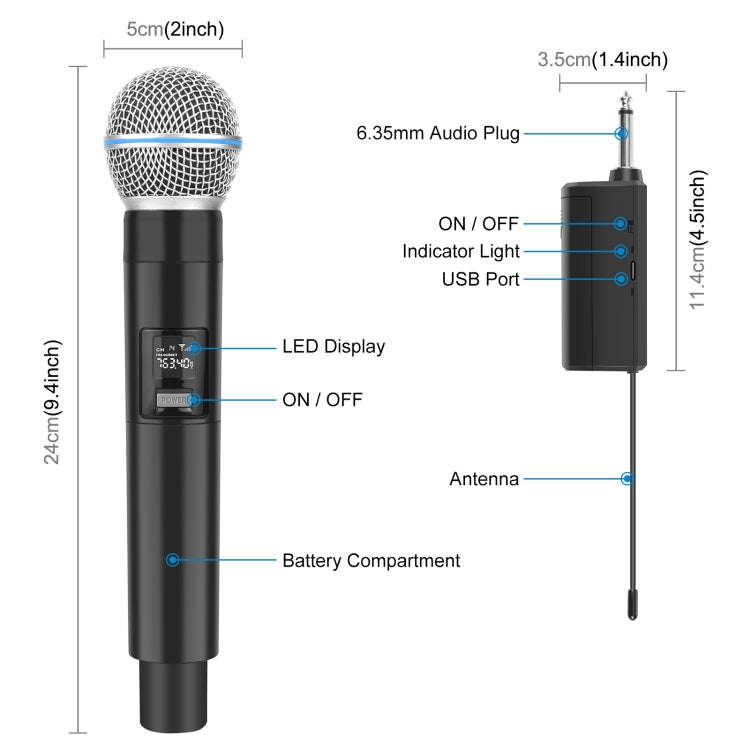 PULUZ 1 To 2 Wireless Microphones with LED Display, 6.35mm Transmitter (Black)