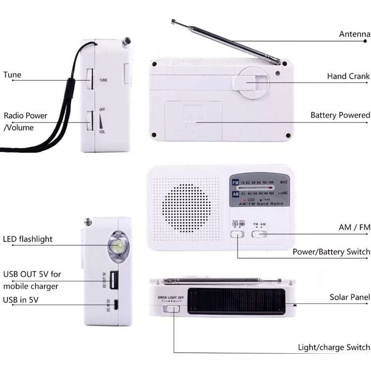 Multi-function Portable Solar / Cranked Dynamo Power LED Flashlight with AM/FM Radio & Mobile Pho...