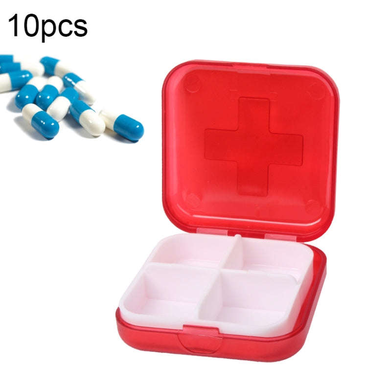 10 PCS 4 Compartments Portable Plastic Cross Pills Medicine Storage Box(Red)