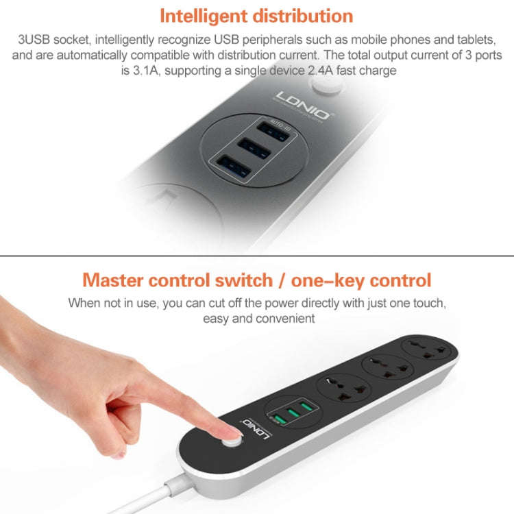 LDNIO SC3301 3 x USB Ports Travel Home Office Socket, Cable Length: 1.6m, EU Plug