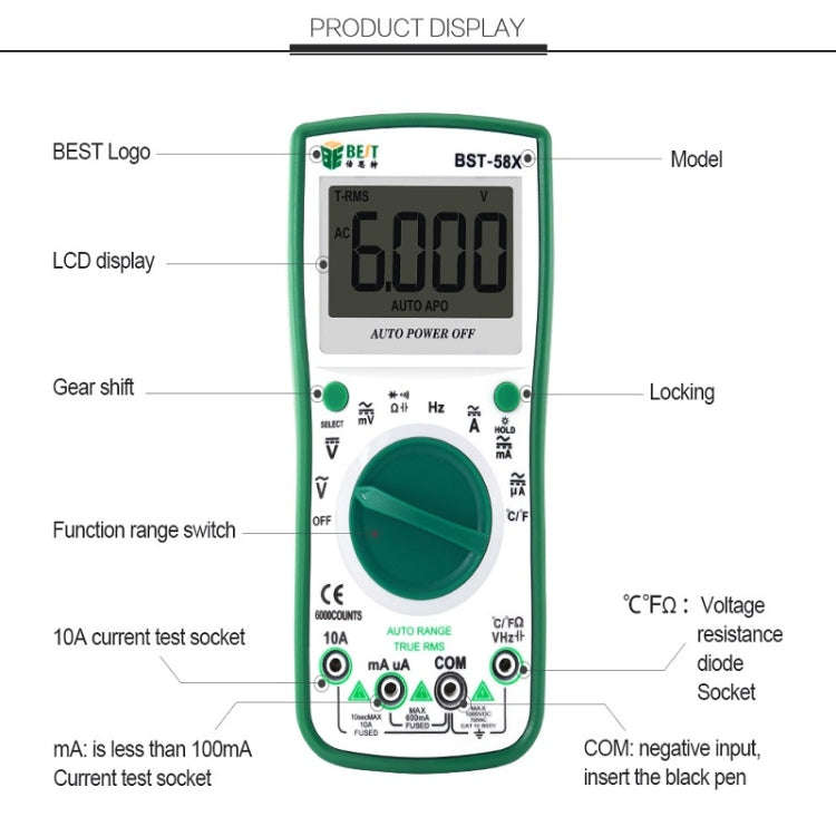 BEST BST-58X Multi-function Digital Multimeter Automatic Range Four Position Semi Backlight Displ...