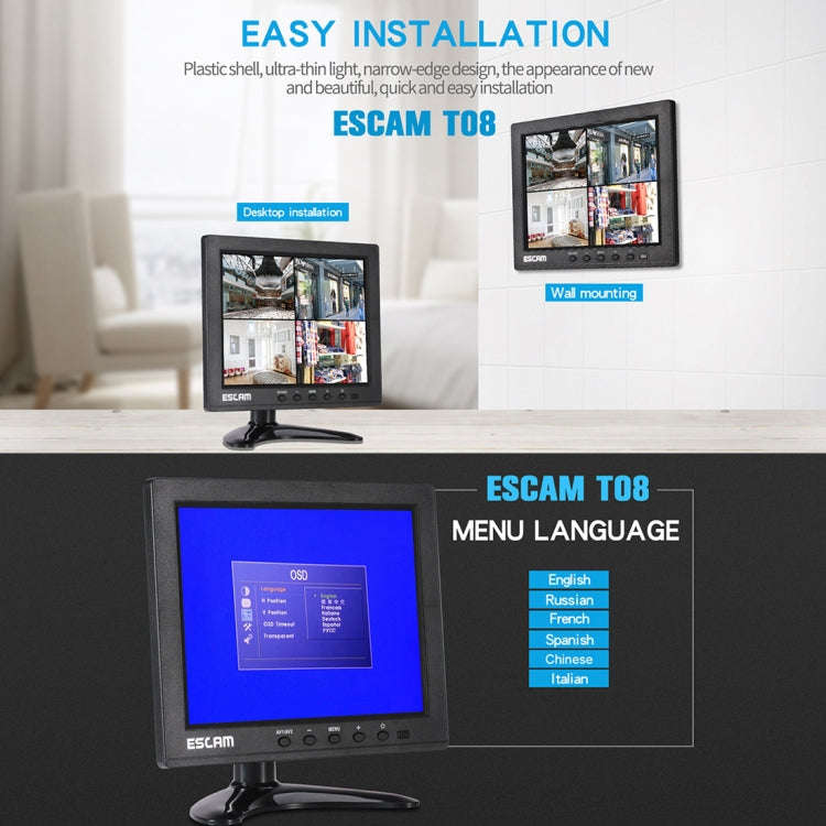 ESCAM T08 8 inch TFT LCD 1024x768 Monitor with VGA & HDMI & AV & BNC & USB for PC CCTV Security
