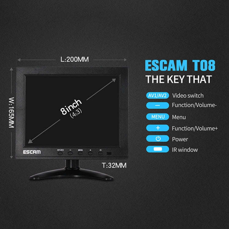 ESCAM T08 8 inch TFT LCD 1024x768 Monitor with VGA & HDMI & AV & BNC & USB for PC CCTV Security