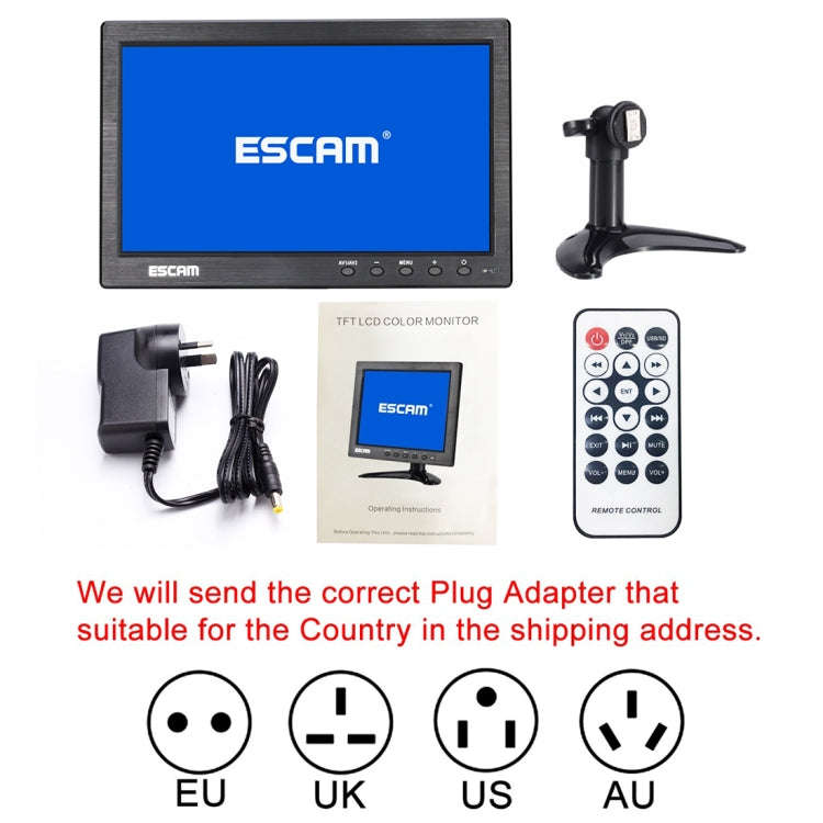 ESCAM T10 10.0 inch TFT LCD 1024x600 Monitor with VGA & HDMI & AV & BNC & USB for PC CCTV Security