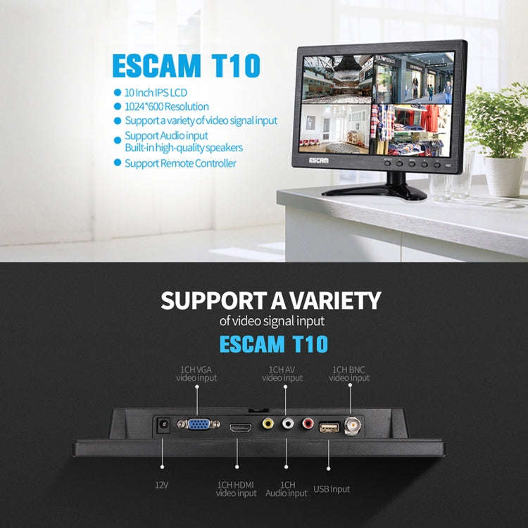 ESCAM T10 10.0 inch TFT LCD 1024x600 Monitor with VGA & HDMI & AV & BNC & USB for PC CCTV Security