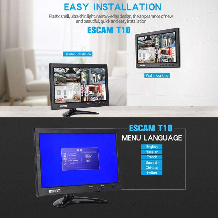 ESCAM T10 10.0 inch TFT LCD 1024x600 Monitor with VGA & HDMI & AV & BNC & USB for PC CCTV Security