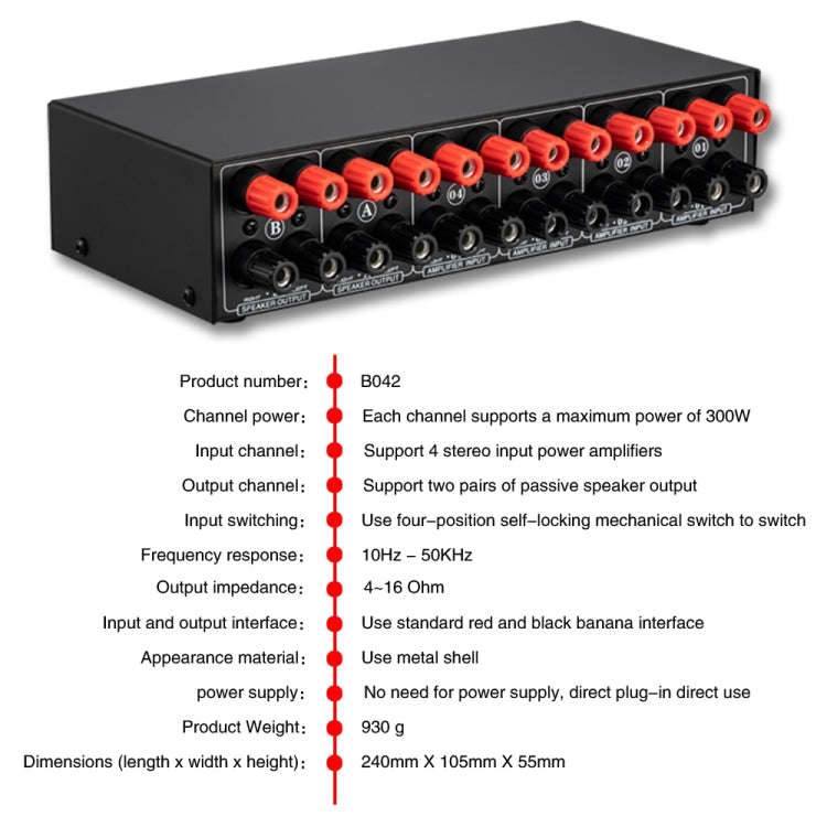 B042 4-in 2-out Power Amplifier Sound Switcher Loudspeaker Switch Distributor, 300W Per Channel L...