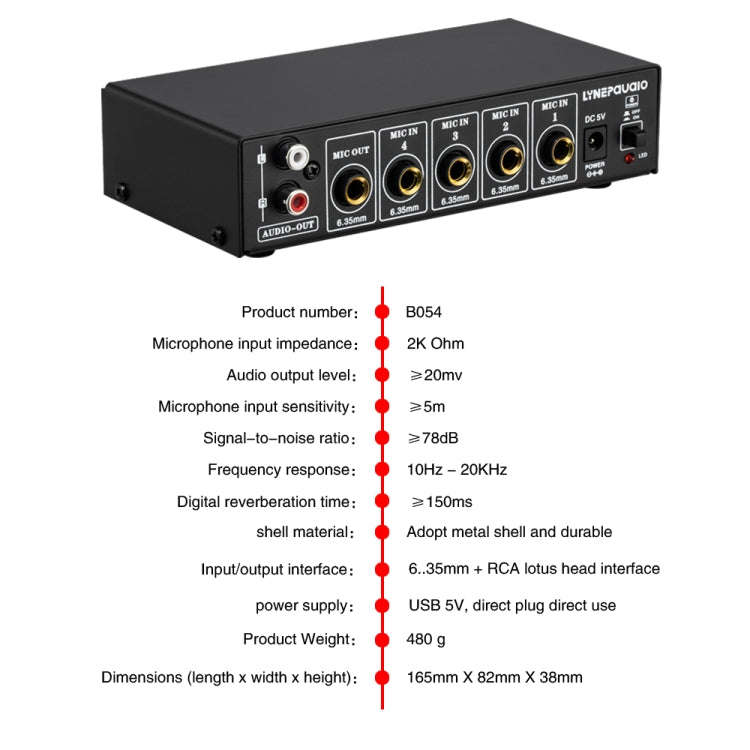 B054 4-Channel Microphone Mixer Support Stereo Output With Reverb Treble And Bass Adjustment, USB...