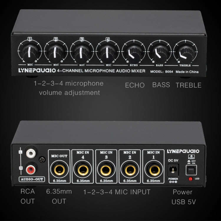 B054 4-Channel Microphone Mixer Support Stereo Output With Reverb Treble And Bass Adjustment, USB...