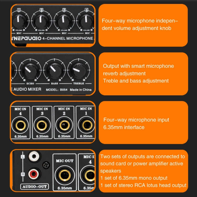 B054 4-Channel Microphone Mixer Support Stereo Output With Reverb Treble And Bass Adjustment, USB...