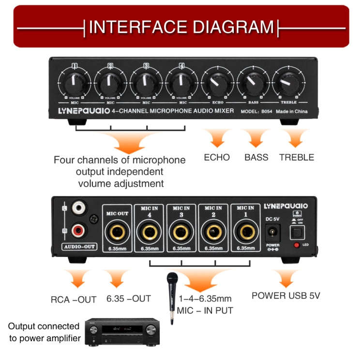 B054 4-Channel Microphone Mixer Support Stereo Output With Reverb Treble And Bass Adjustment, USB...
