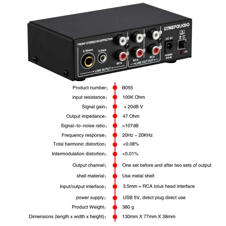 3-Channel Mixer Front Stereo Amplifier High / Mid / Bass Adjuster, USB 5V Power Supply, US Plug