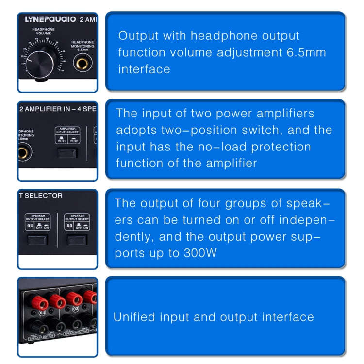 B032 2-in 4-out Power Amplifier Sound Switcher Speaker  Lossless Sound Quality 300W Per Channel S...