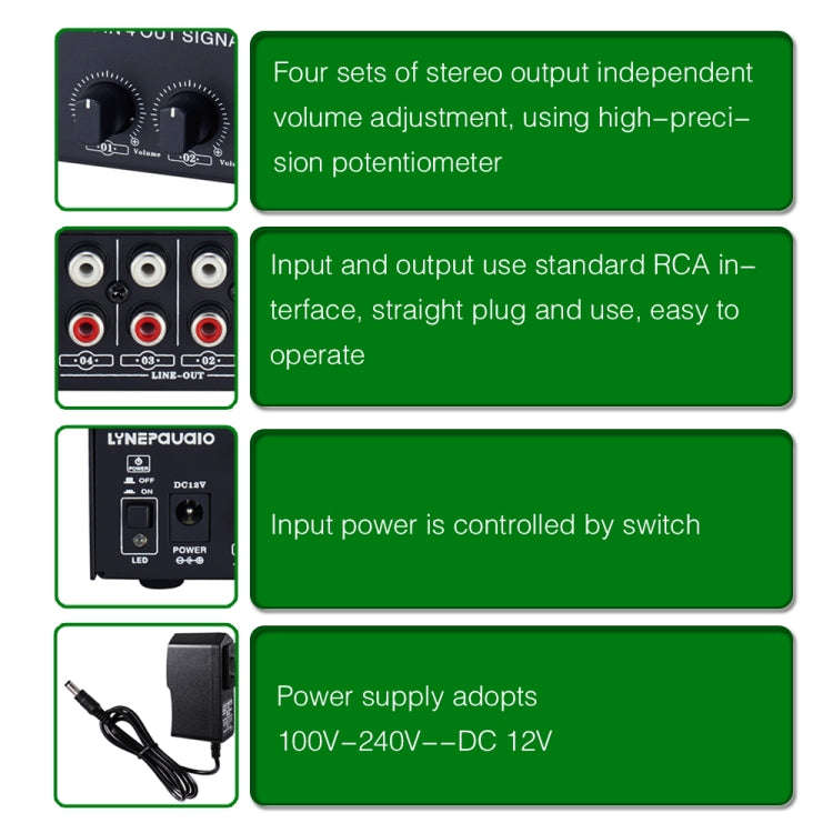 1-In 4-Out Front Stereo Signal Amplifier, Independent Output Volume Adjustment RCA Interface No L...
