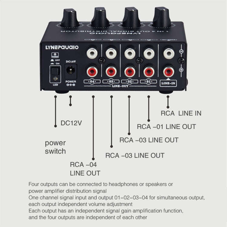 1-In 4-Out Front Stereo Signal Amplifier, Independent Output Volume Adjustment RCA Interface No L...