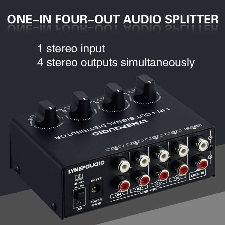 1-In 4-Out Front Stereo Signal Amplifier, Independent Output Volume Adjustment RCA Interface No L...