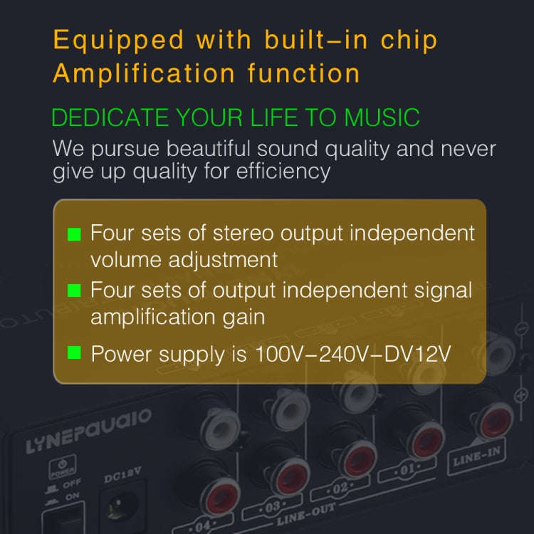 1-In 4-Out Front Stereo Signal Amplifier, Independent Output Volume Adjustment RCA Interface No L...