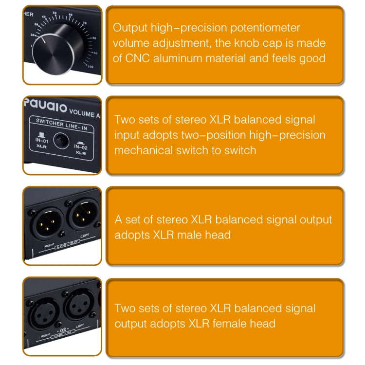 2-In 1-Out XLR Switcher Fully Balanced Passive Pre-Active Speaker Lossless Volume Control Switcher