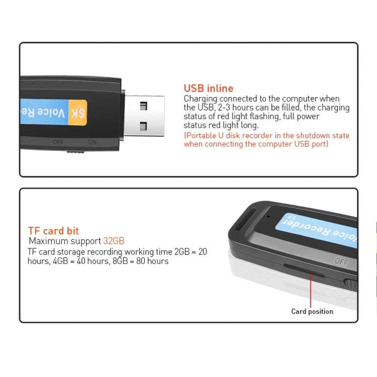 SK001 Professional Rechargeable U-Disk Portable USB Digital Audio Voice Recorder Pen Support TF C...