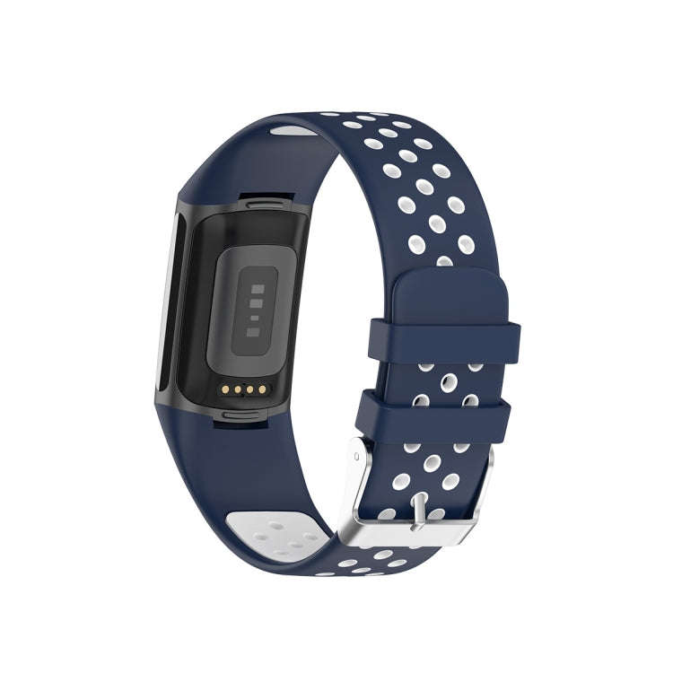 For Fitbit Charge 5 Double Color Metal Buckle Hole Silicone Watch Band(Blue White)
