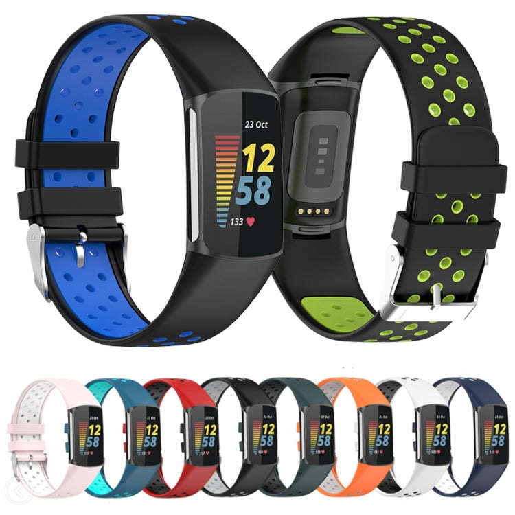 For Fitbit Charge 5 Double Color Metal Buckle Hole Silicone Watch Band(Black Blue)