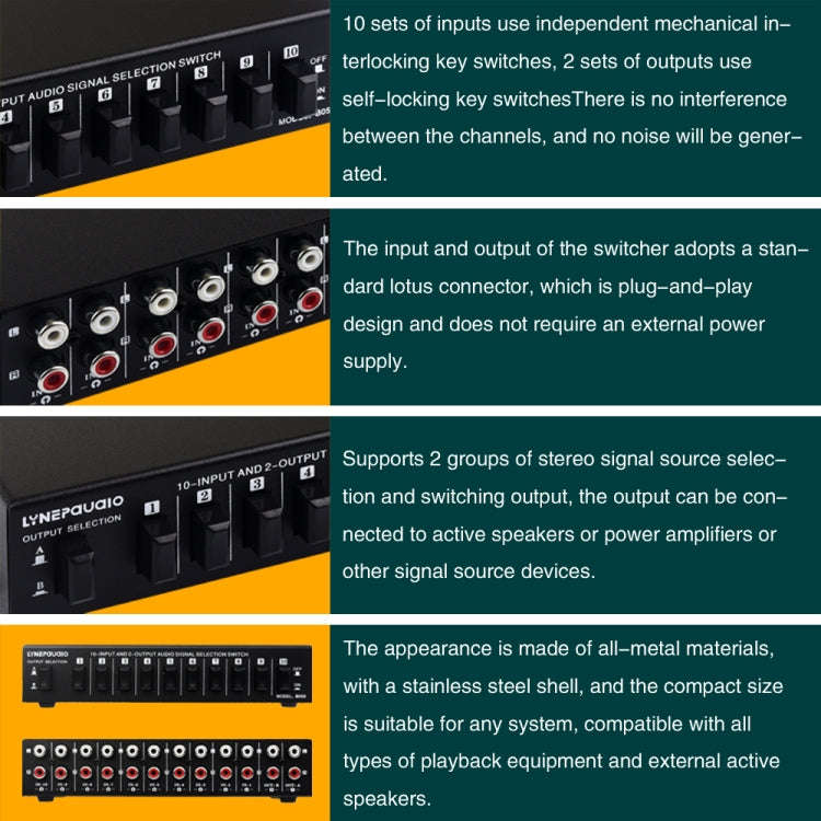 B059 10 In 2 Out / 2 In 10 Out 2-Way RCA Switch Audio Frequency Signal Select Shift Device Loudsp...