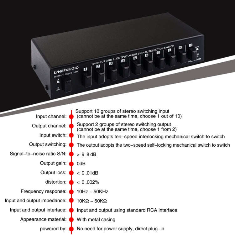 B059 10 In 2 Out / 2 In 10 Out 2-Way RCA Switch Audio Frequency Signal Select Shift Device Loudsp...