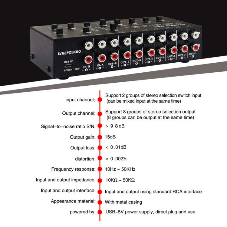 2 In 8 Out RCA Audio Frequency Signal Select Switch Distributor