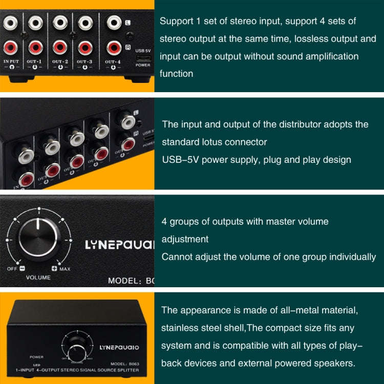 1 In 4 Out Audio Frequency Signal Distribute Device Non Consumption Output RCA Interface
