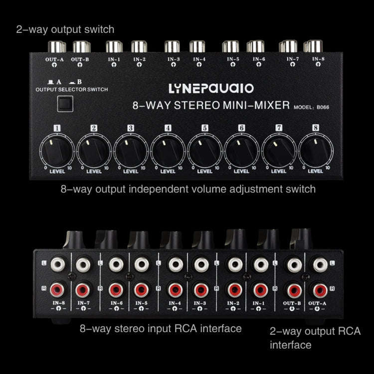 B066 Mini Stereo 8 Channel RCA Non Source Sound Passive Mixer, No Power Supply