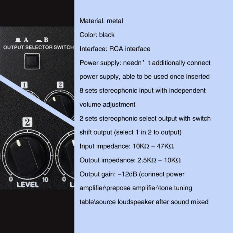 B066 Mini Stereo 8 Channel RCA Non Source Sound Passive Mixer, No Power Supply