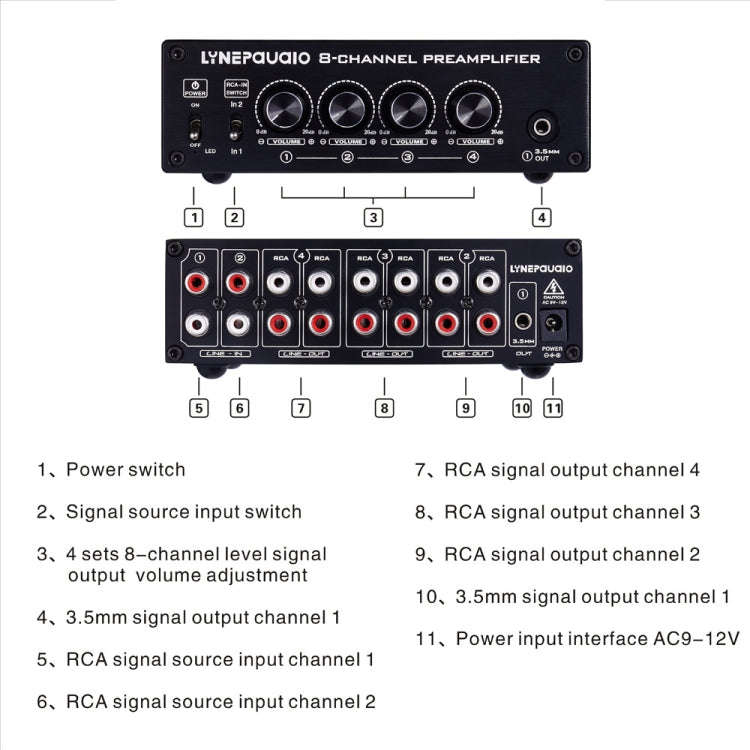2 in 8 out Switcher Pre-Amplifier Speaker Distributor Signal Booster with Volume Control And Earp...